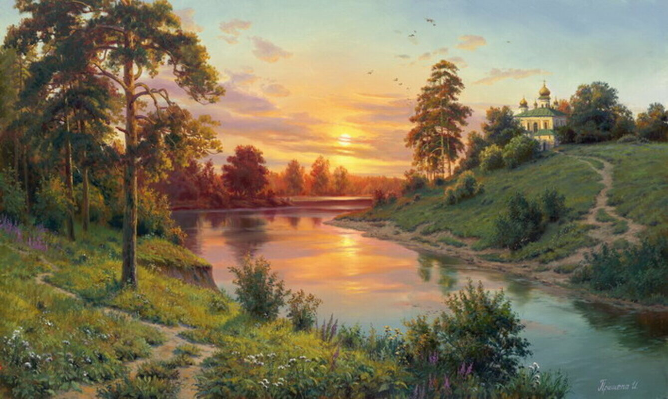 

Алмазная мозаика DVEKARTINKI Закат над небольшой рекой у храма 40х50 на подрамнике, Закат над небольшой рекой у храма