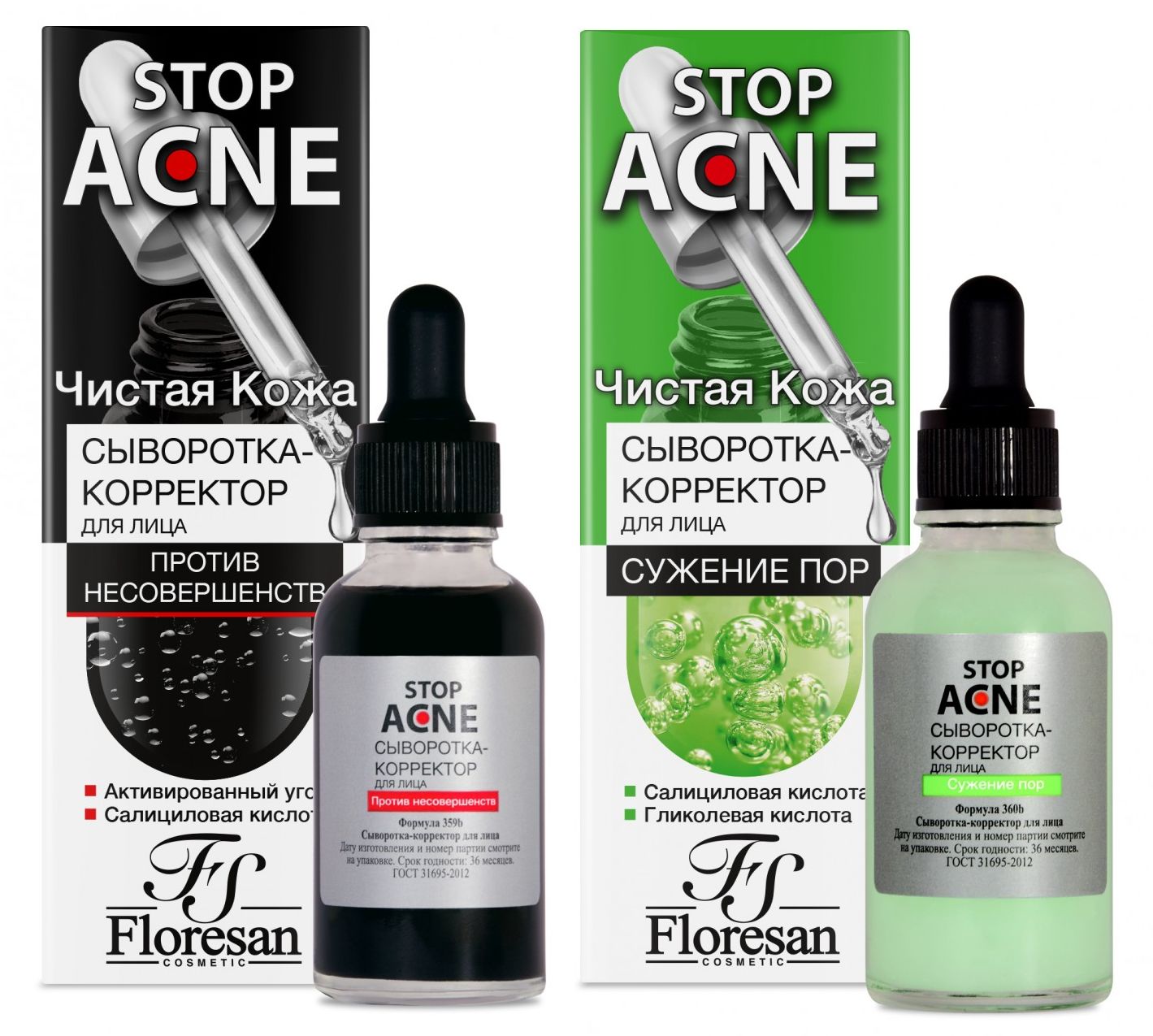 Набор Floresan Stop Acne сыворотка-корректор для лица против несовершенст 30 млх2 шт пишем и рисуем по клеточкам и точкам