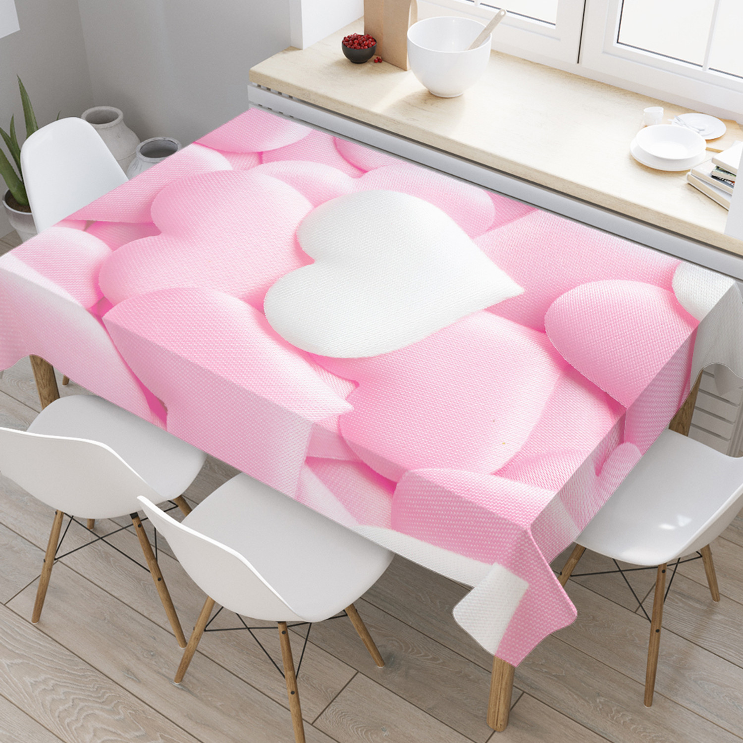 

Прямоугольная тканевая скатерть на стол с рисунком JoyArty "Вкусные сердечки" см, Розовый, Вкусные сердечки