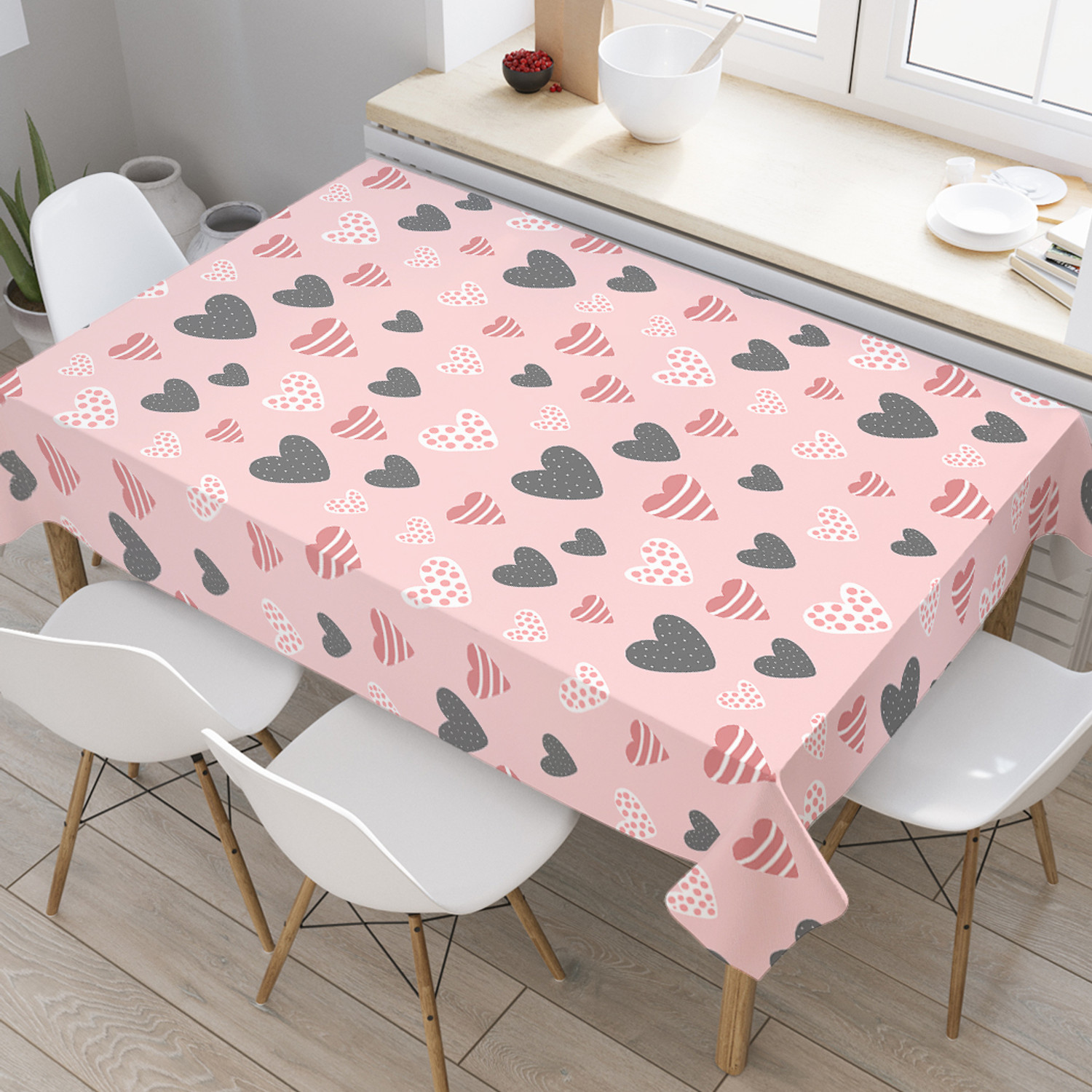 

Прямоугольная тканевая скатерть на стол с рисунком JoyArty "Ассорти из сердечек" см, Розовый, Ассорти из сердечек