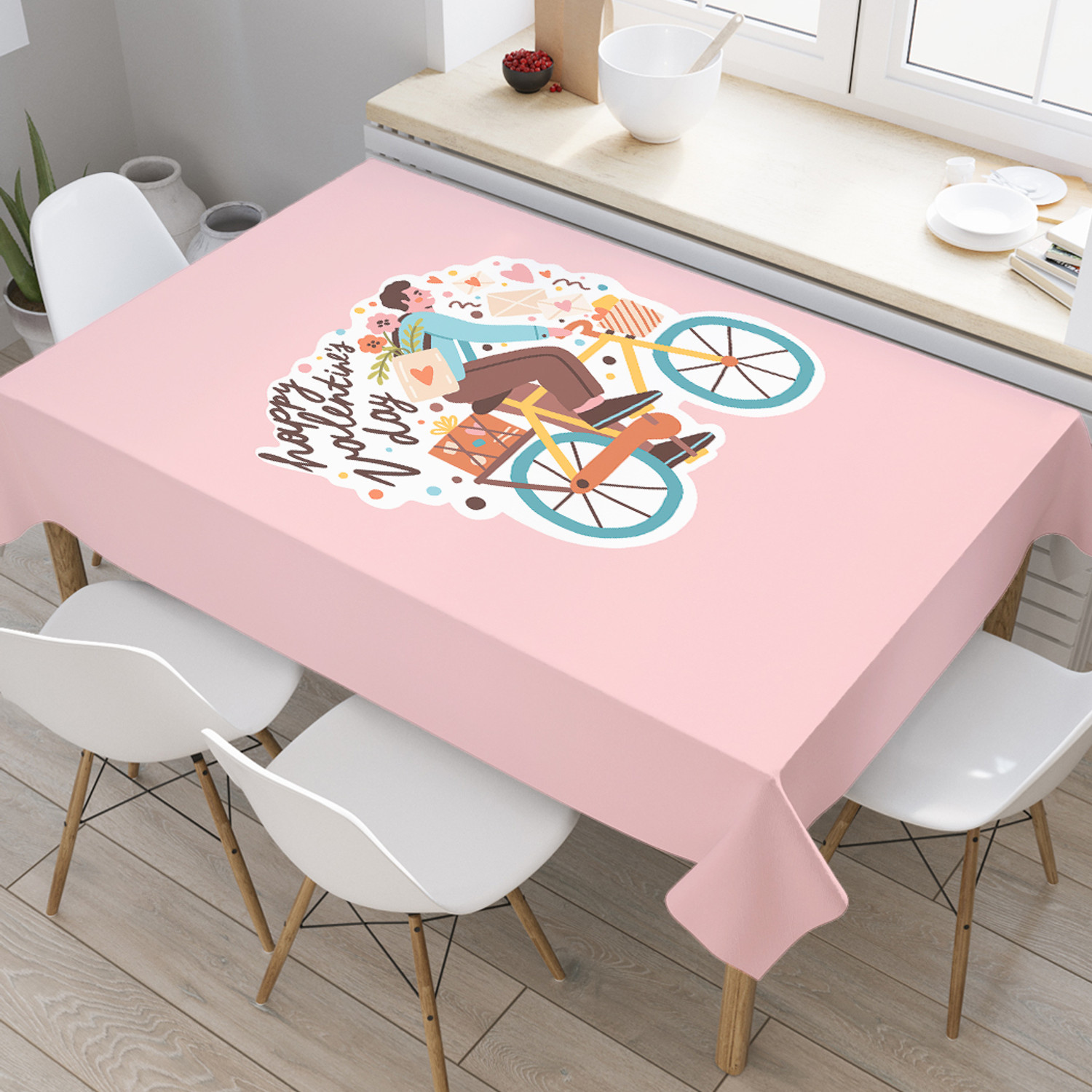 

Прямоугольная тканевая скатерть на стол с рисунком JoyArty "Почтальон с подарком" см, Розовый, Почтальон с подарком