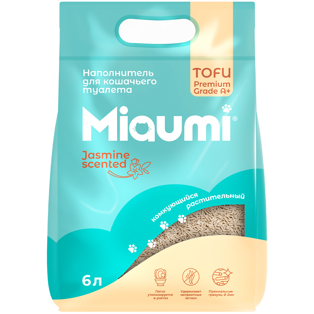 Комкующийся наполнитель Miaumi TOFU Jasmine Scented соевый, жасмин, 6л