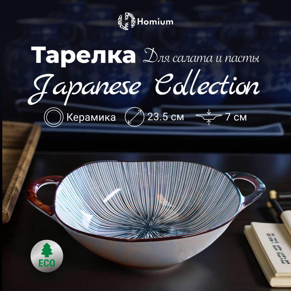 Тарелка Homium, Japanese Collection, Home, с ручками голубой коричневый, D19 см