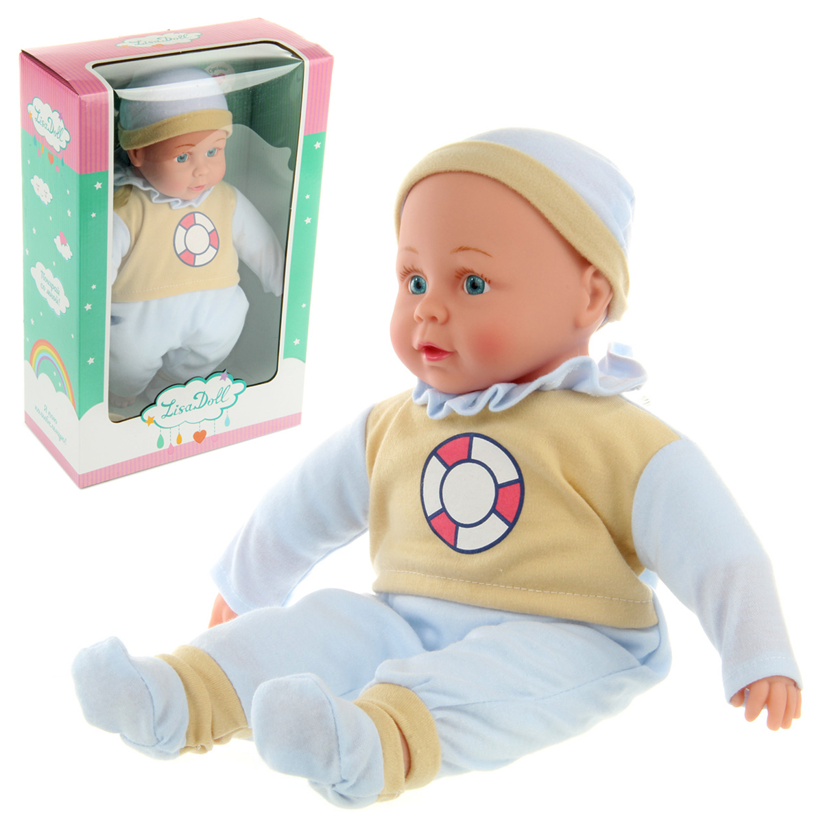 Пупс Lisa Doll мягконабивная, звук, голубой, бежевый, 40 см, 125881