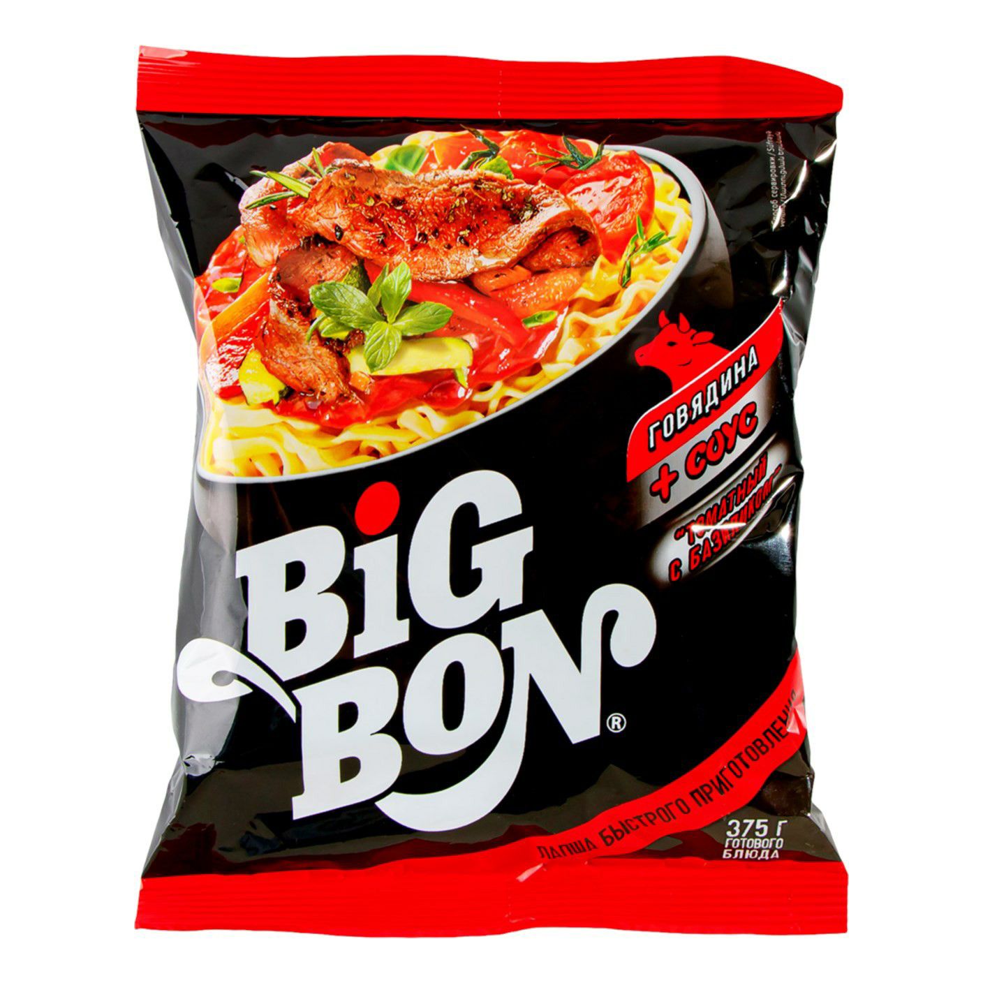 Лапша Big Bon со вкусом говядины и томатным соусом с базиликом 75 г x 48 шт