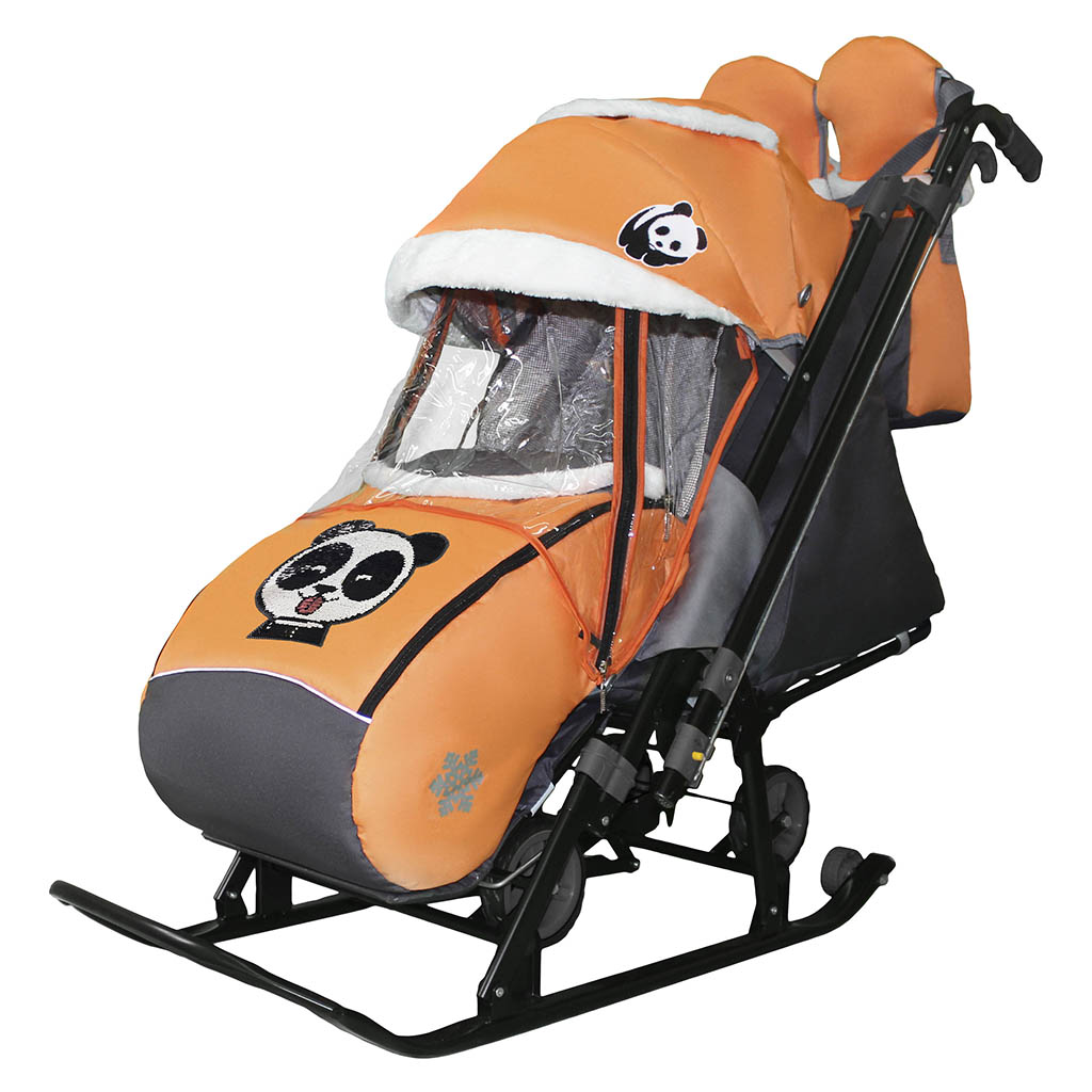 Санки-коляска Галактика KIDS 1-2 Оранжевый - Панда на больших колесах+сумка+варежки