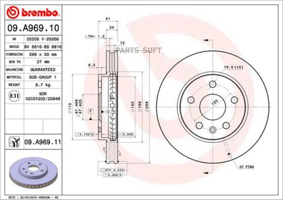 

Тормозной диск brembo комплект 1 шт. 09A96911