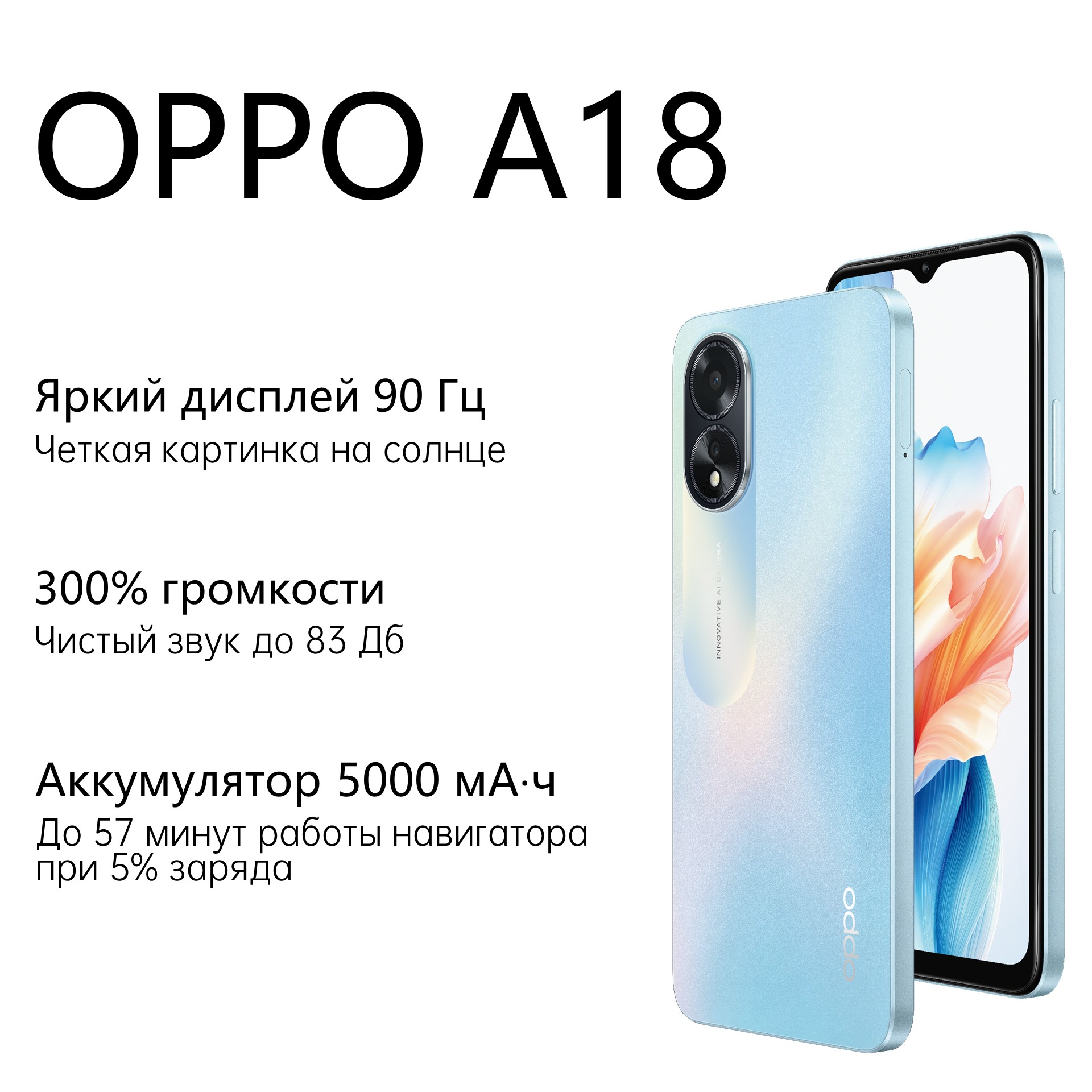 

Смартфон Oppo A18 4/128 Гб, голубой, A18