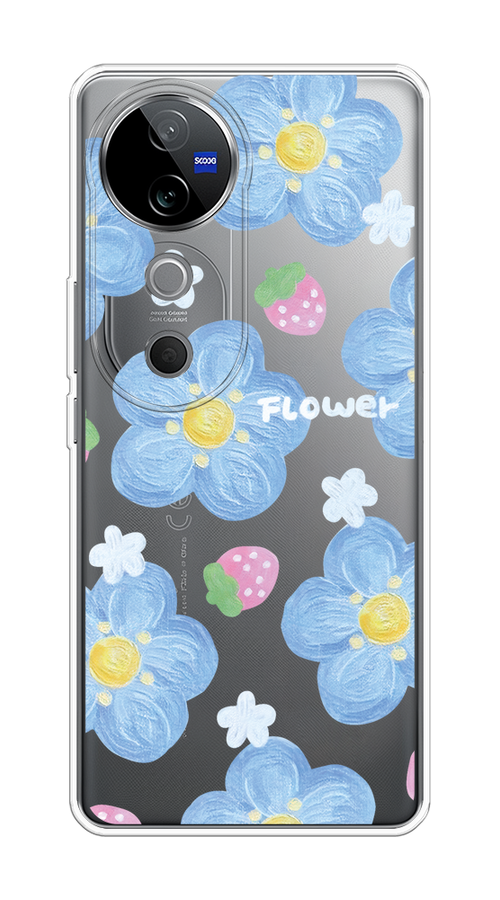 

Чехол на Vivo V40 "Цветы и клубники", Прозрачный;голубой;белый, 2611450-1
