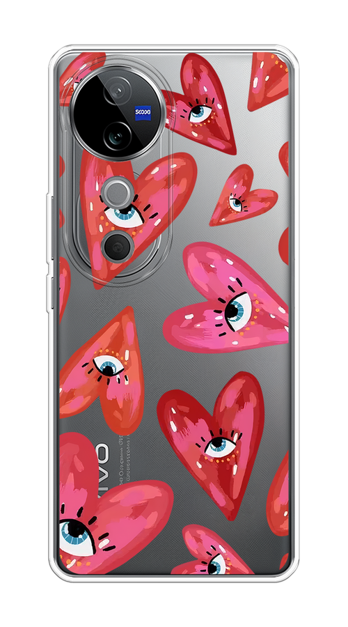 

Чехол на Vivo V40 "Сердечки с глазами", Коричневый;красный;розовый, 2611450-1