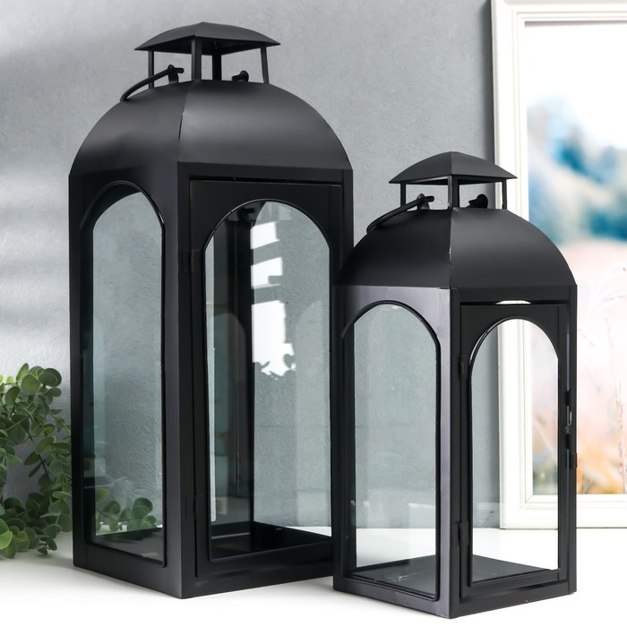 

Подсвечник металл "Фонарь купольный" чёрный набор 2 шт 14,5х14,5х35 см 47х18х19 см, Черный