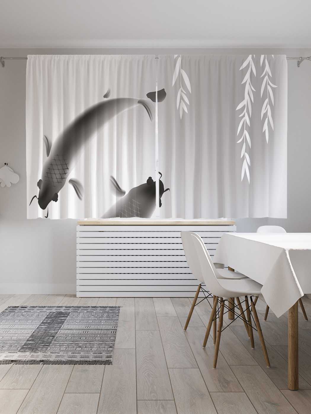 фото Шторы с фотопечатью joyarty "карпы кои хром" из сатена, 290х180 см