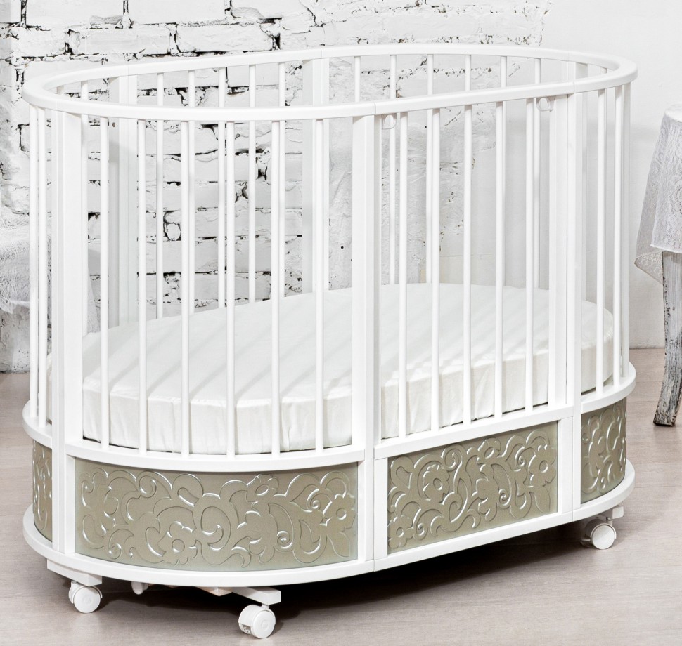 Кровать детская овальная с маятником EVA декор Арабески (серебро/белый)