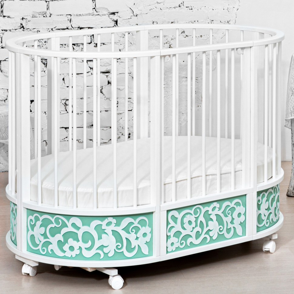 Кровать детская овальная с маятником EVA декор Арабески, мята/белый