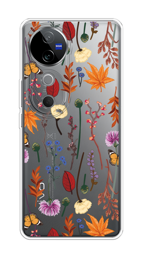 

Чехол на Vivo V40 "Orange Purple flowers", Оранжевый;красный;розовый;желтый;прозрачный, 2611450-1