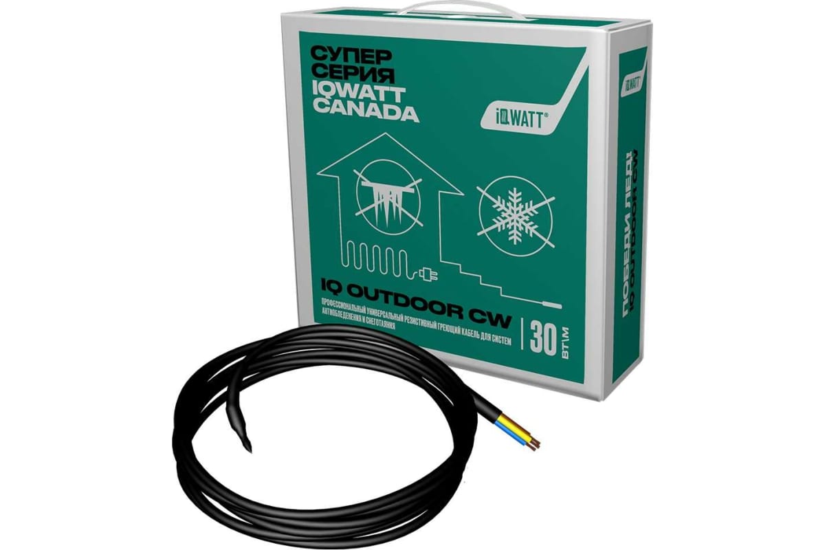 Греющий кабель для систем антиобледенения и снеготаяния IQ OUTDOOR CW 100м греющий кабель в бухтах eastec gr 30 2 cr c уф защитой 100м мощность 30 вт м