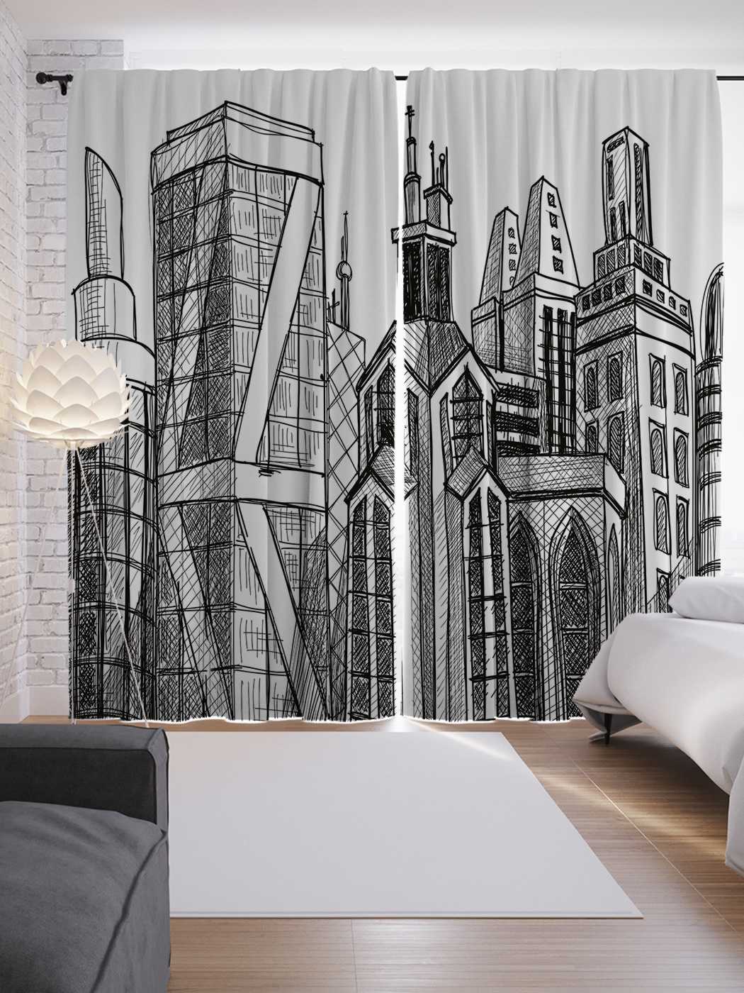 

Шторы JoyArty с фотопечатью "Эскиз башен" из сатена, 290х265 см, Эскиз башен
