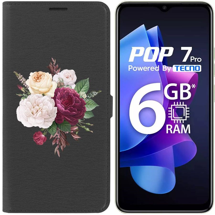 

Чехол-книжка Eco Book для Tecno Pop 7 Pro Цветочная композиция, Черный