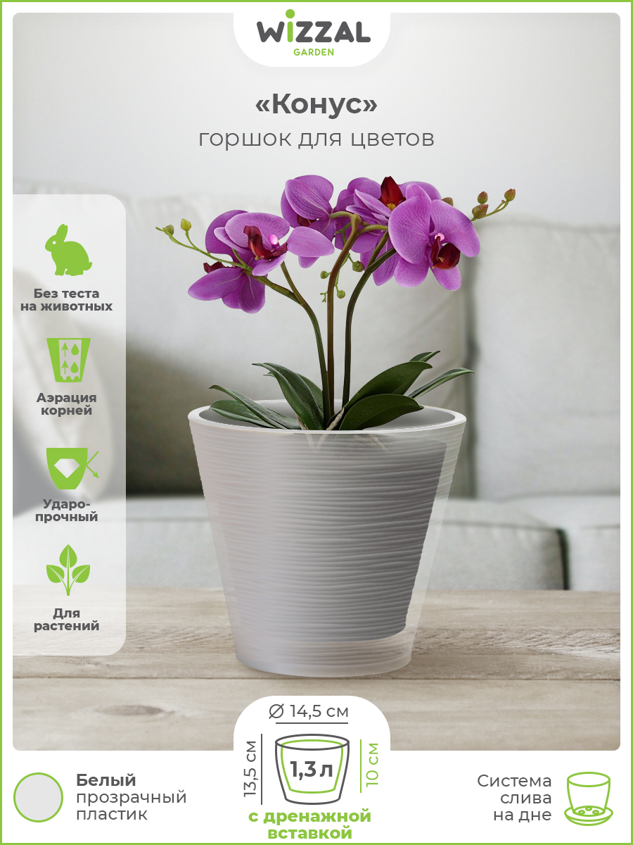

Цветочный горшок Wizzal Garden Конус с вкладкой 4913 1,3 л прозрачный 1 шт., Конус с вкладкой
