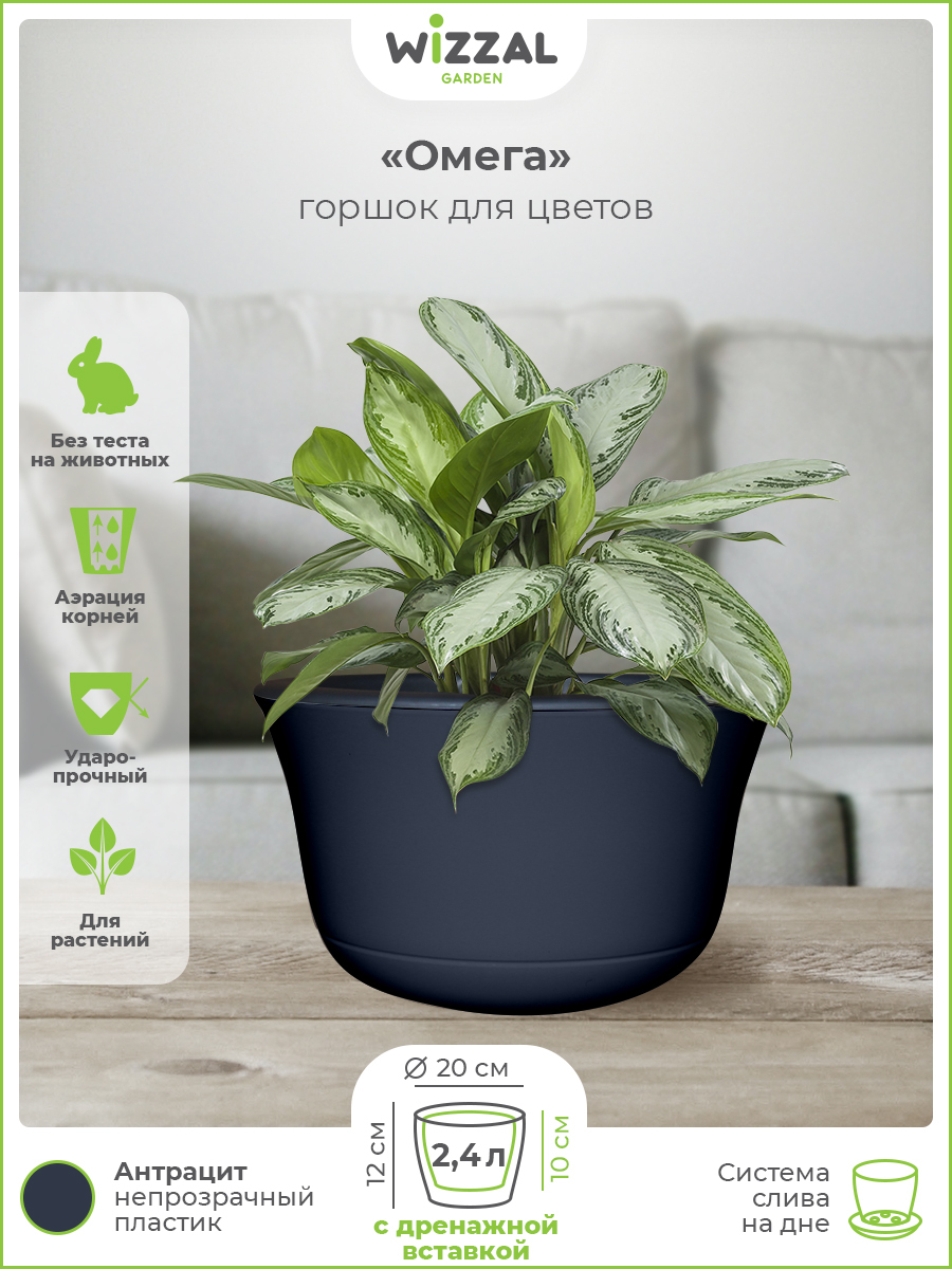 

Цветочный горшок Wizzal Garden Омега с вкладкой 5369 2,4 л антрацит 1 шт., Омега с вкладкой