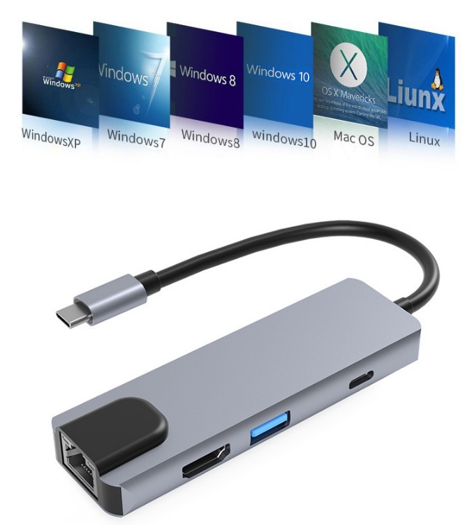 

Переходник хаб 6 в 1 Type-C HDMI LAN USB Carder SD + TF