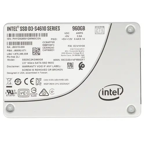 

SSD накопитель Intel D3-S4610 Series 2.5" 960 ГБ (SSDSC2KG960G801), D3-S4610 Series