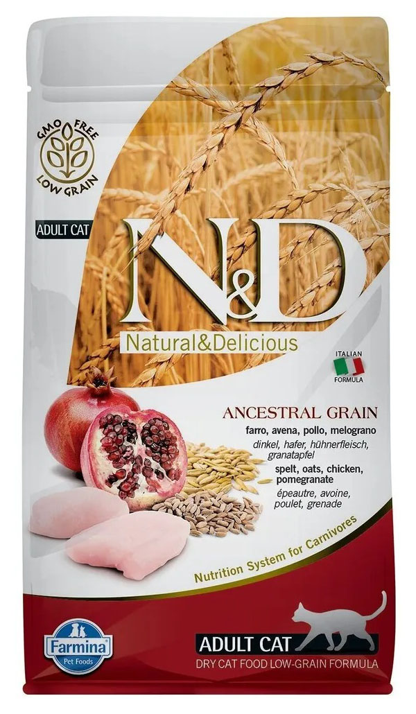 фото Сухой корм для кошек farmina natural&delicios ancestral grain adult курица и гранат 1,5 кг