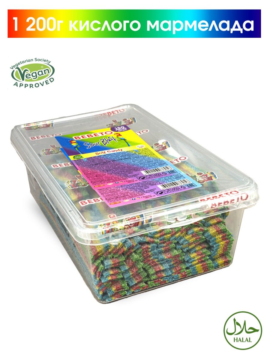 

Мармелад жевательный BEBETO Sour Blast 1,2кг, Мармелад жевательный Bebeto Sour Blast вкус тутти-фрутти в кислой обсыпке 1,2кг