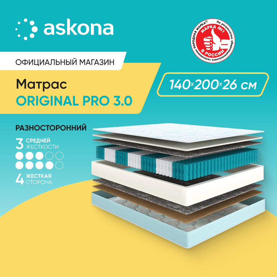 

Матрас анатомический Аскона Original Pro 3.0 140x200, Белый, Original Pro 3.0