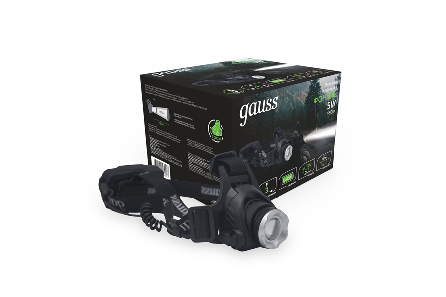 фото Фонарь налобный gauss gfl407 5w 450lm li-ion 2400mah led 1/12/48