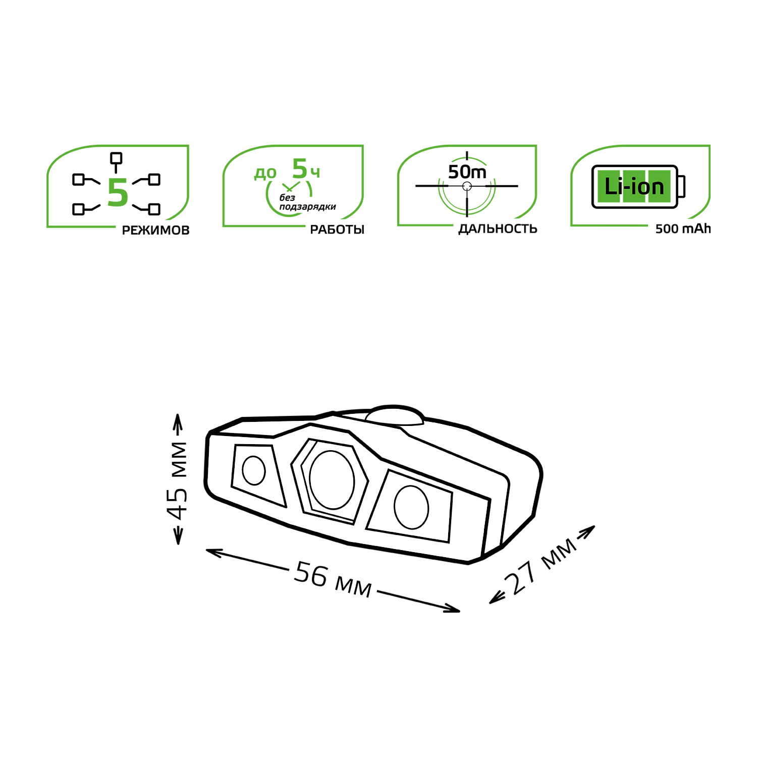 фото Фонарь налобный gauss модель gfl406 5w 180lm li-ion 500mah led