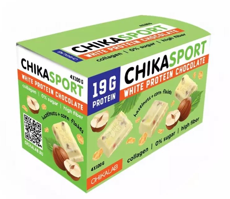 

Протеиновый белый шоколад, Bombbar CHIKA SPORT фундук/кукурузные чипсы, 4шт по 100г