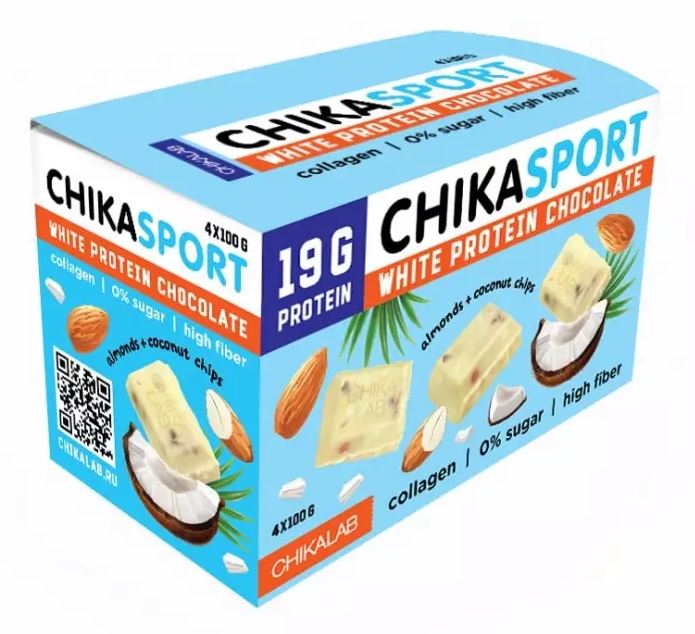 Протеиновый белый шоколад Bombbar CHIKA SPORT с миндалем и кокосовыми чипсами, 4шт по 100г