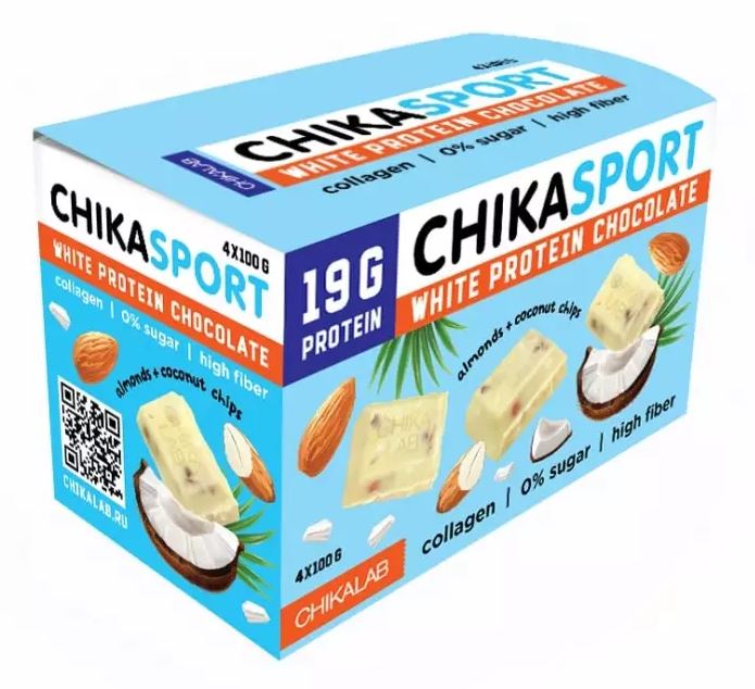 

Протеиновый белый шоколад Bombbar CHIKA SPORT с миндалем и кокосовыми чипсами, 4шт по 100г