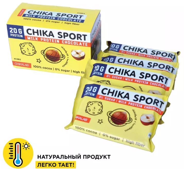 

Bombbar CHIKA SPORT Протеиновый молочный шоколад с фундуком без сахара, 4шт по 100г