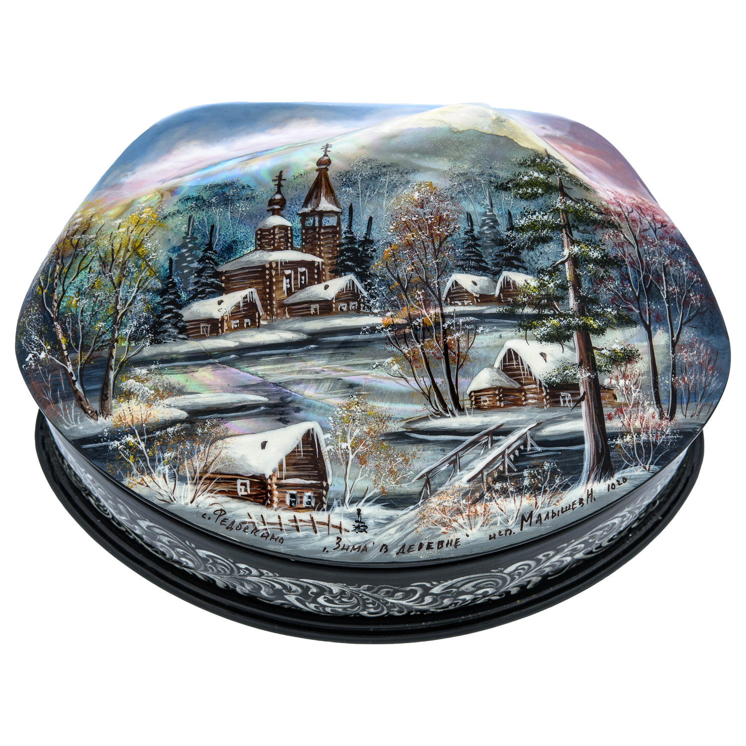 фото Шкатулка-раковина с художественной росписью «зима в деревне» nobrand