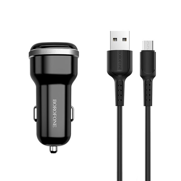 фото Автомобильная зарядка borofone bz13 2usb / 2.4a + кабель micro usb 1m (черный)