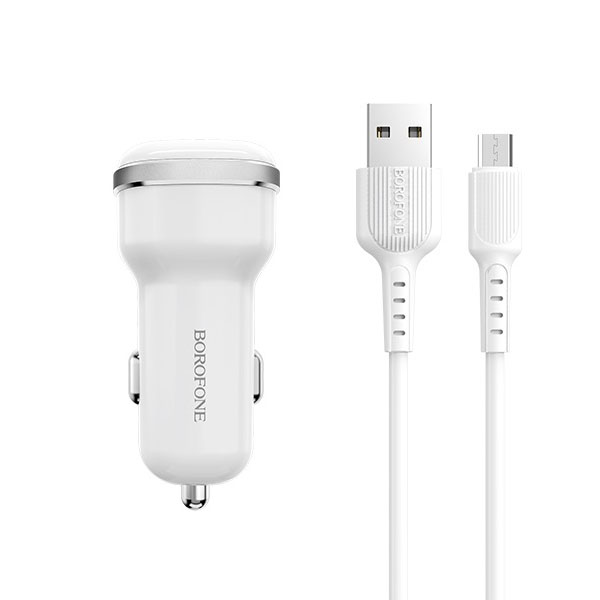 фото Автомобильная зарядка borofone bz13 2usb / 2.4a + кабель micro usb 1m (белый)