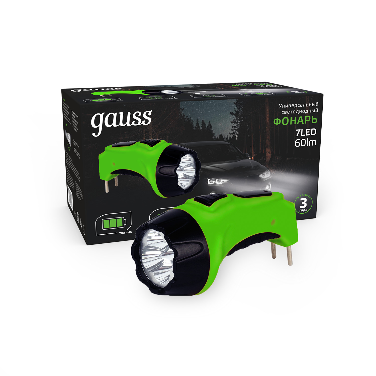 

Фонарь ручной Gauss модель GFL105 7LED 60lm lead acid 700mAh LED 1/12/72, Зеленый;черный, GFL105 7LED 60lm lead acid