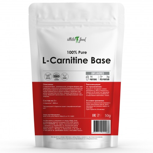 фото Л-карнитин atletic food 100% pure l-carnitine powder - 50 грамм, натуральный