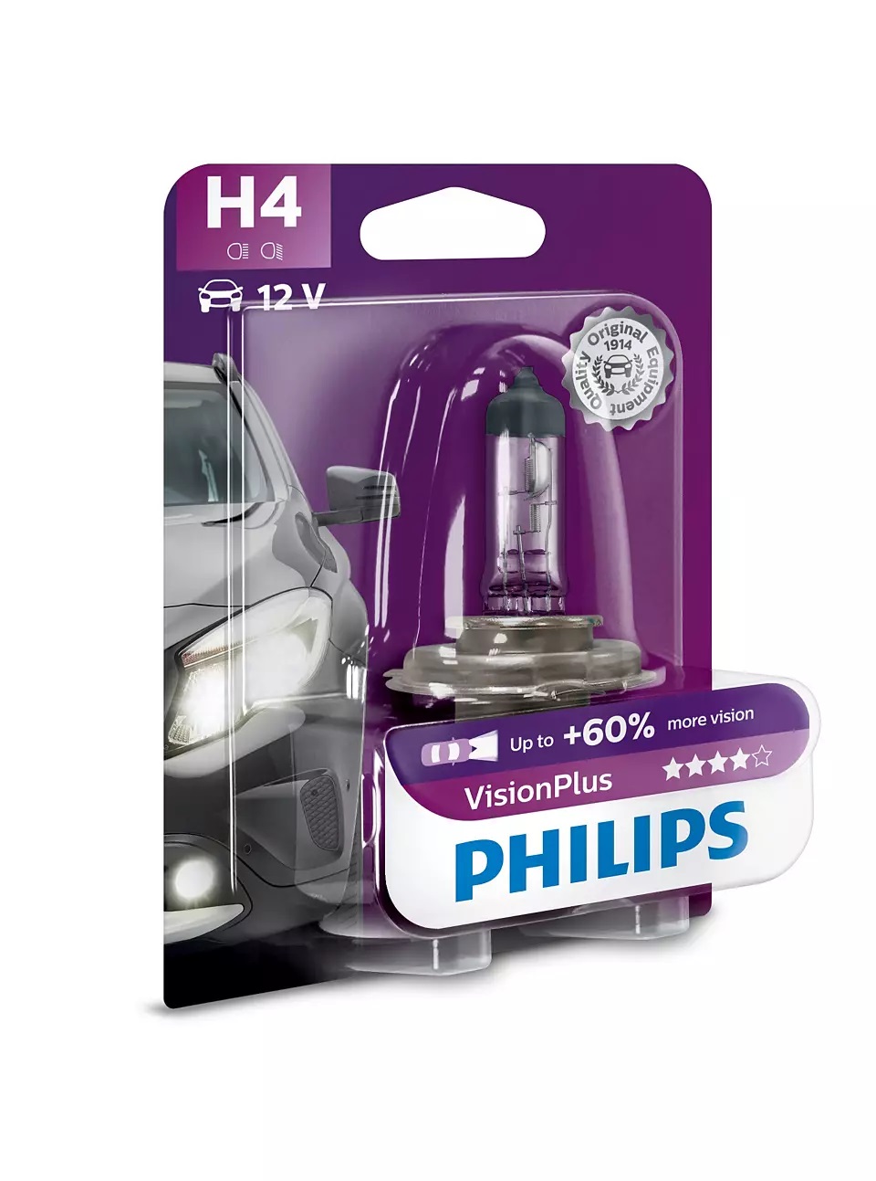 

Галогенная лампа Philips H4 (60/55W 12V) +60% VisionPlus (блистер) 1шт 12342VPB1, 12342VPB1