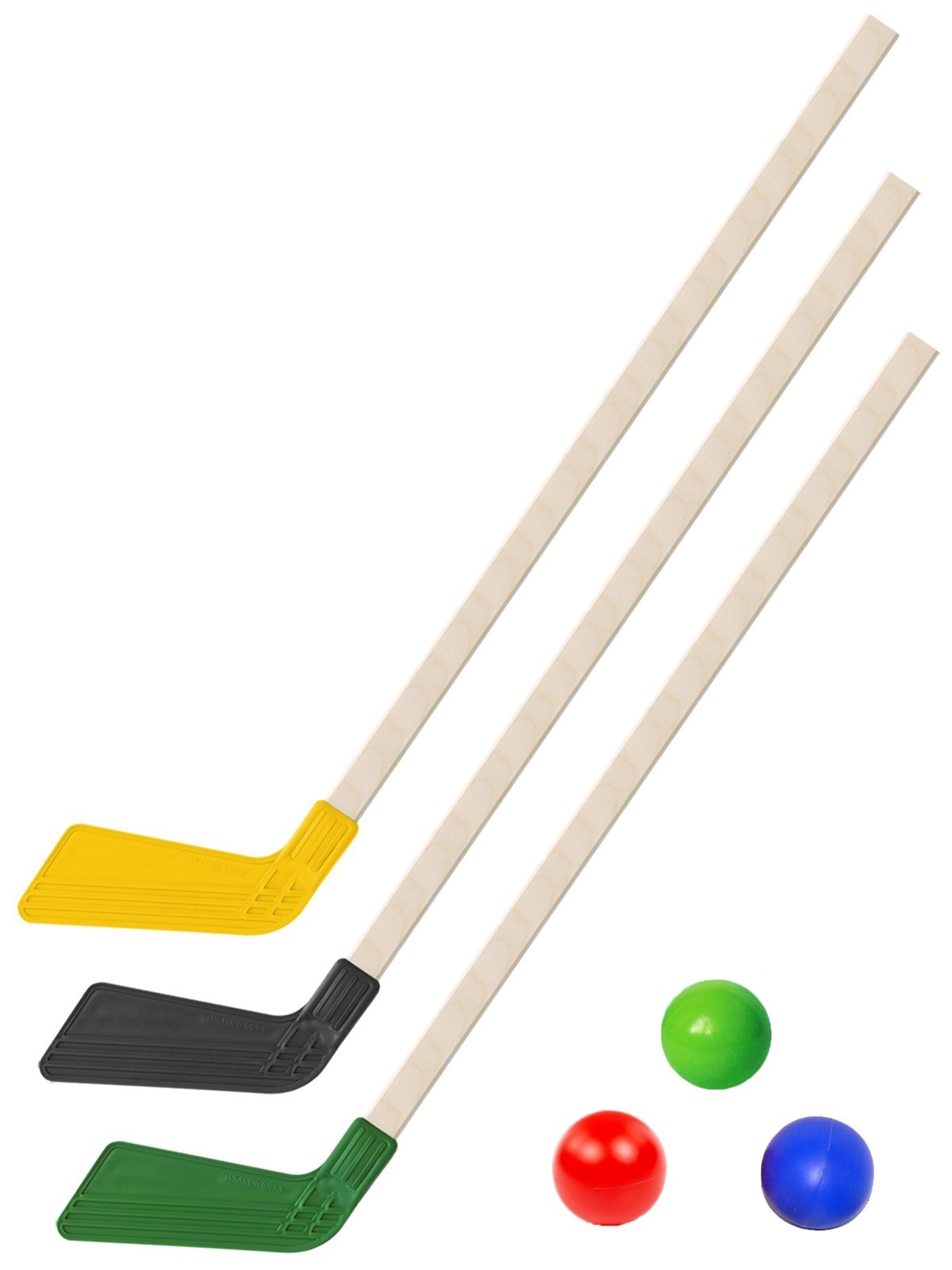 Детский хоккейный набор Задира-плюс Клюшка хоккейная детская 3шт (черн+желт+зелен)+3 мяча