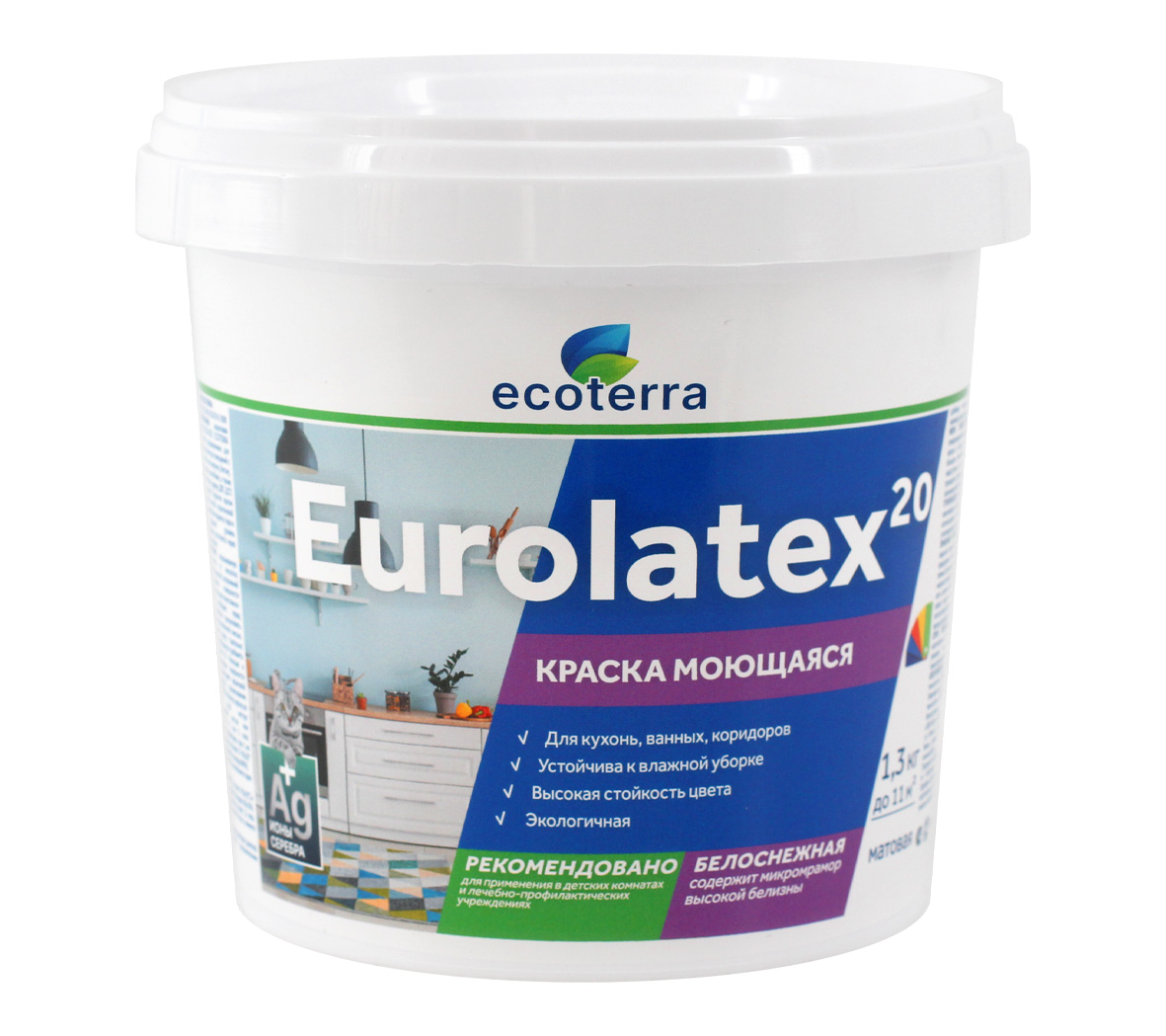 

Краска ВД-АК 2180 моющаяся ECOTERRA Eurolatex 20 мат. белоснежная 1,3 кг /9, Белый, Краска ВД-АК 2180 моющаяся ECOTERRA Eurolatex 20 мат. белоснежная 1,3 кг /9