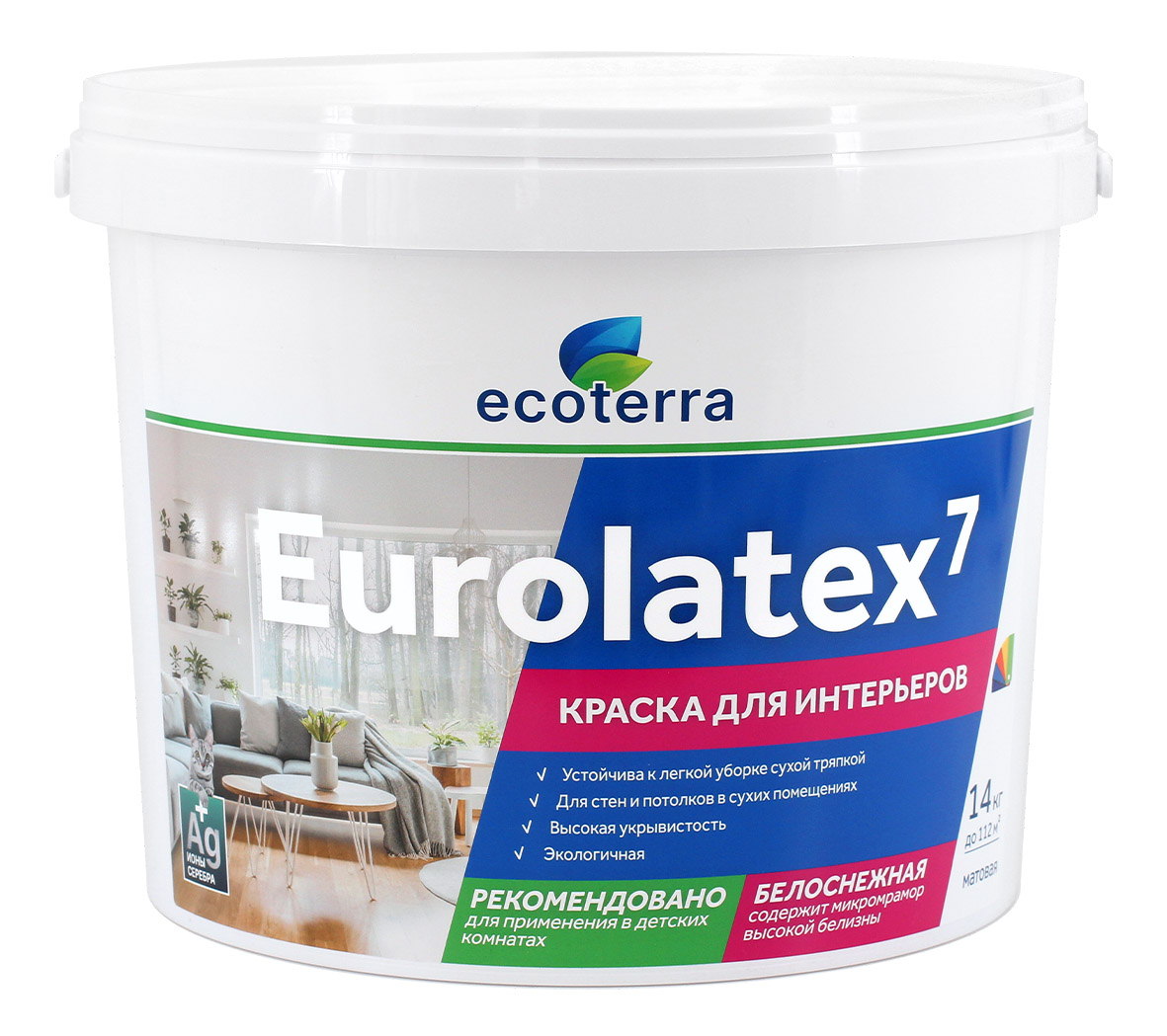 

Краска ВД-АК 2180 интерьерная ECOTERRA Eurolatex 7 мат. белоснежная 14 кг /1, Белый, Краска ВД-АК 2180 интерьерная ECOTERRA Eurolatex 7 мат. белоснежная 14 кг /1