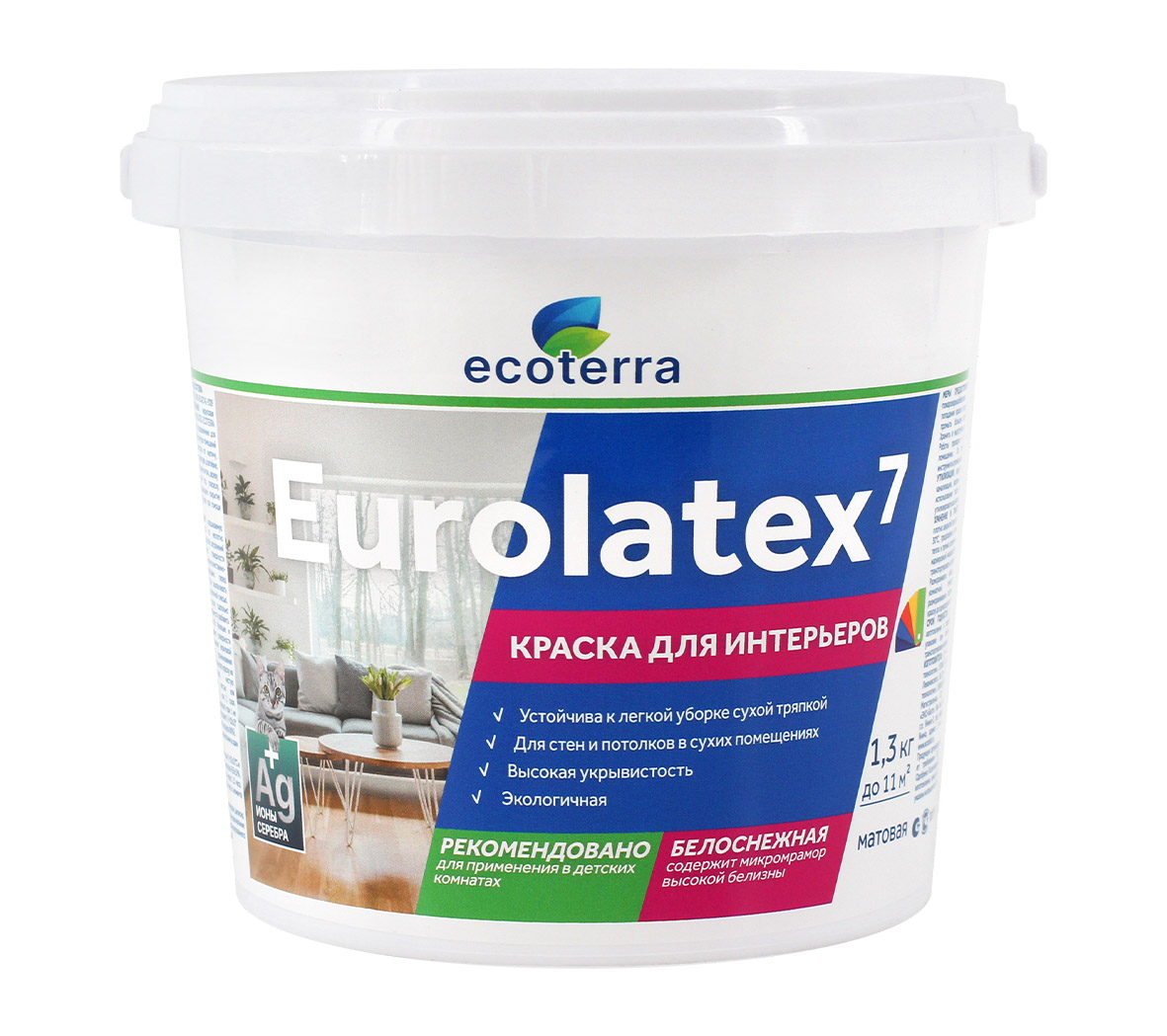 

Краска ВД-АК 2180 интерьерная ECOTERRA Eurolatex 7 мат. белоснежная 1,3 кг /9, Белый, Краска ВД-АК 2180 интерьерная ECOTERRA Eurolatex 7 мат. белоснежная 1,3 кг /9