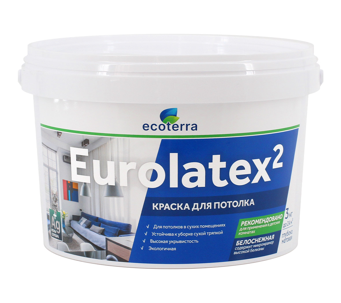 

Краска ВД-АК 2180 д/потолков ECOTERRA Eurolatex 2 мат. белоснежная 3 кг /4, Белый, Краска ВД-АК 2180 д/потолков ECOTERRA Eurolatex 2 мат. белоснежная 3 кг /4