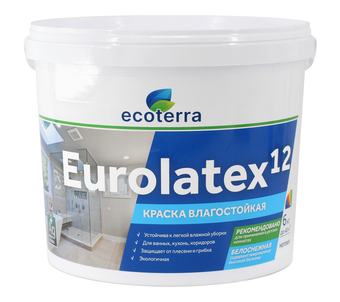 

Краска ВД-АК 2180 влагостойкая ECOTERRA Eurolatex 12 мат. белоснежная 6 кг /1, Белый, Краска ВД-АК 2180 влагостойкая ECOTERRA Eurolatex 12 мат. белоснежная 6 кг /1