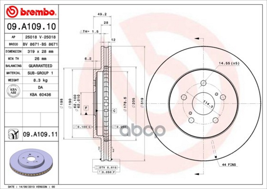 фото Тормозной диск brembo передний для 09.a109.11