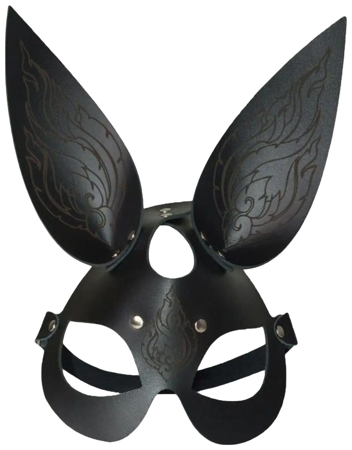 фото Чёрная кожаная маска с длинными ушками и эффектом тату 106625 ск-визит