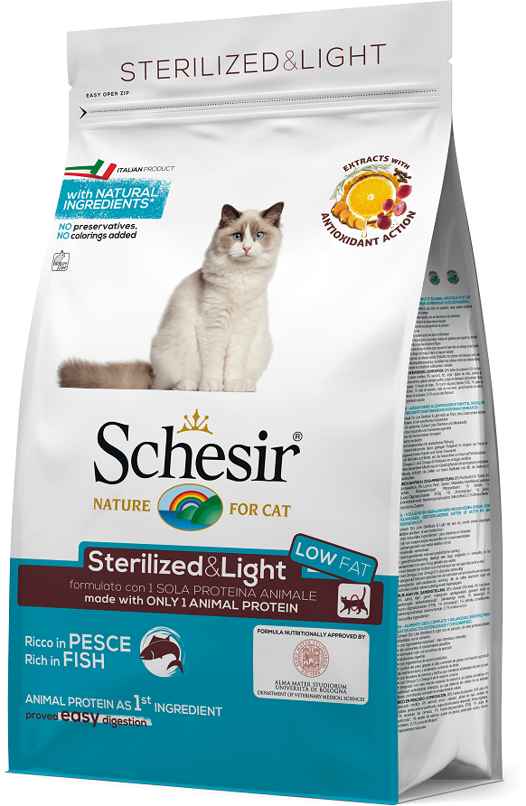 фото Сухой корм для кошек schesir sterilized & light , рыба, 0.4кг